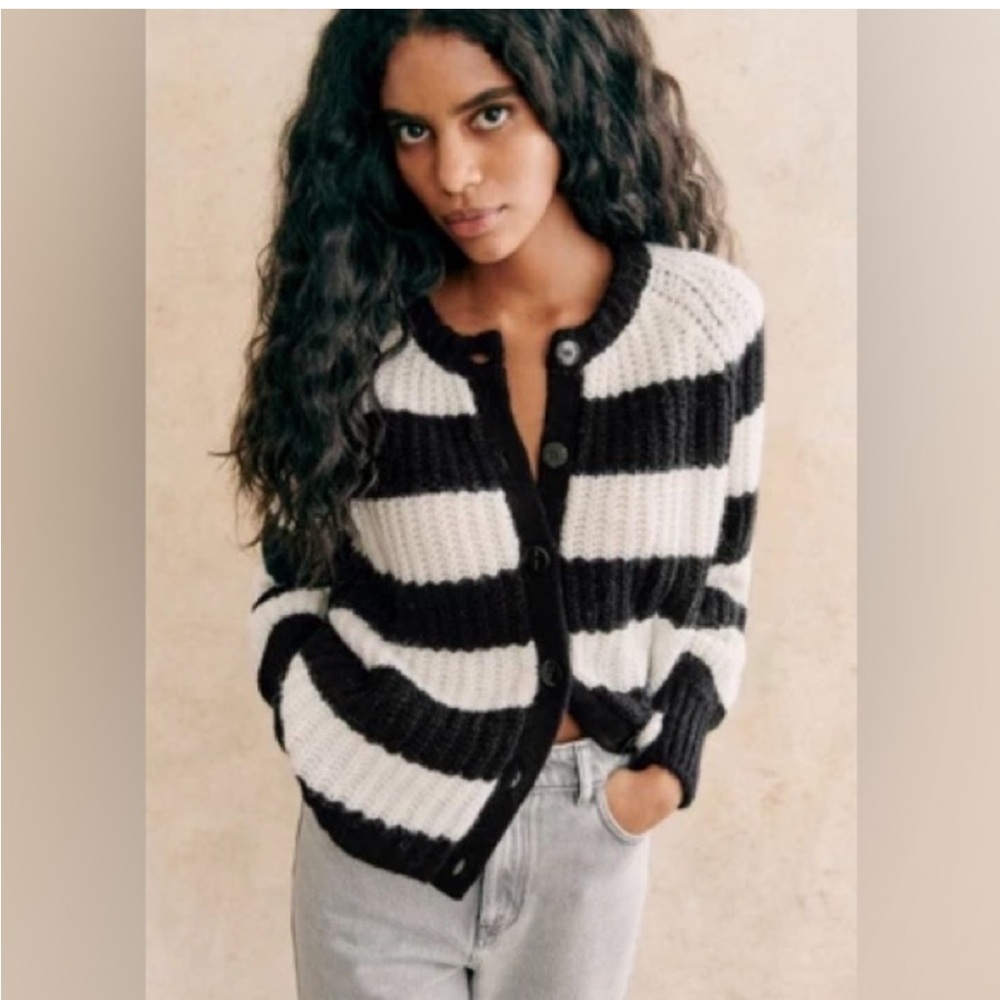 Sezane Black and White Striped Cardigan